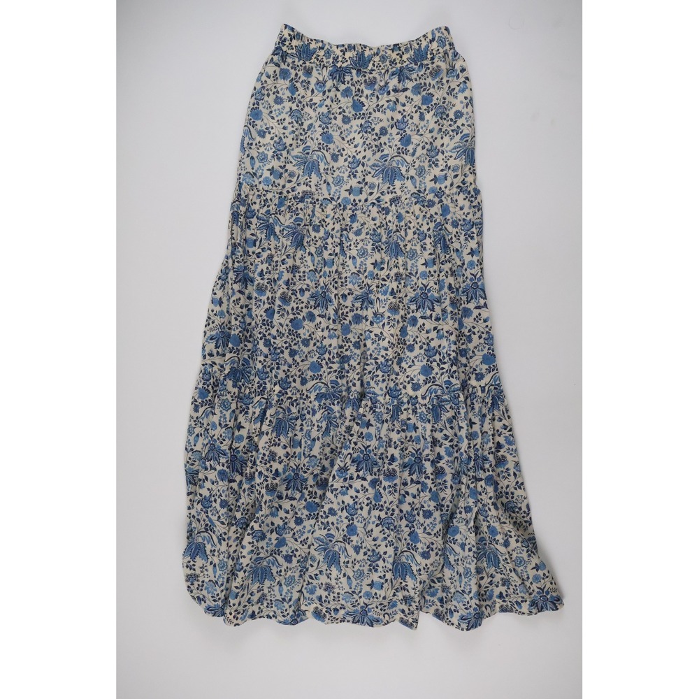 Ro's Garden Maxi Skirt Floral Tiered Blue White XS Cotton Boho Summer